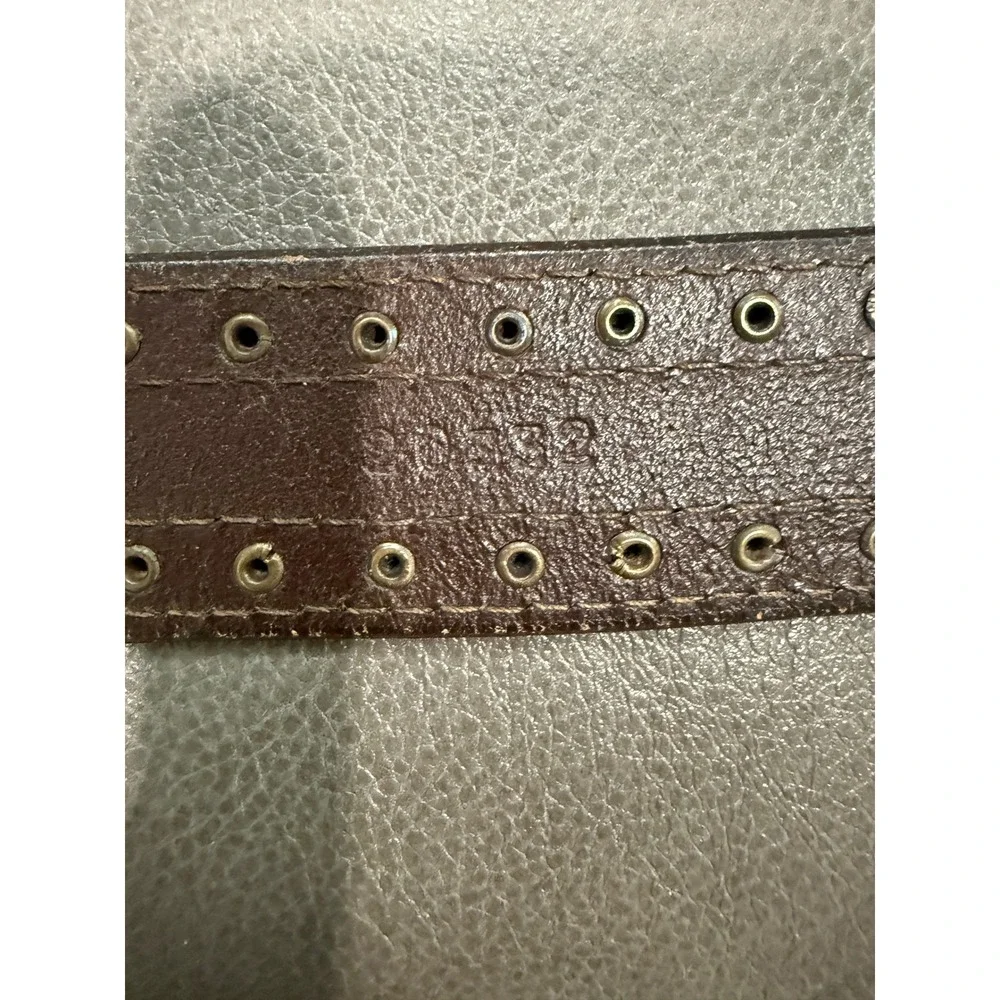 Vintage Brown Studded Leather Belt Wide Double Grommet Brass Buckle Size 32